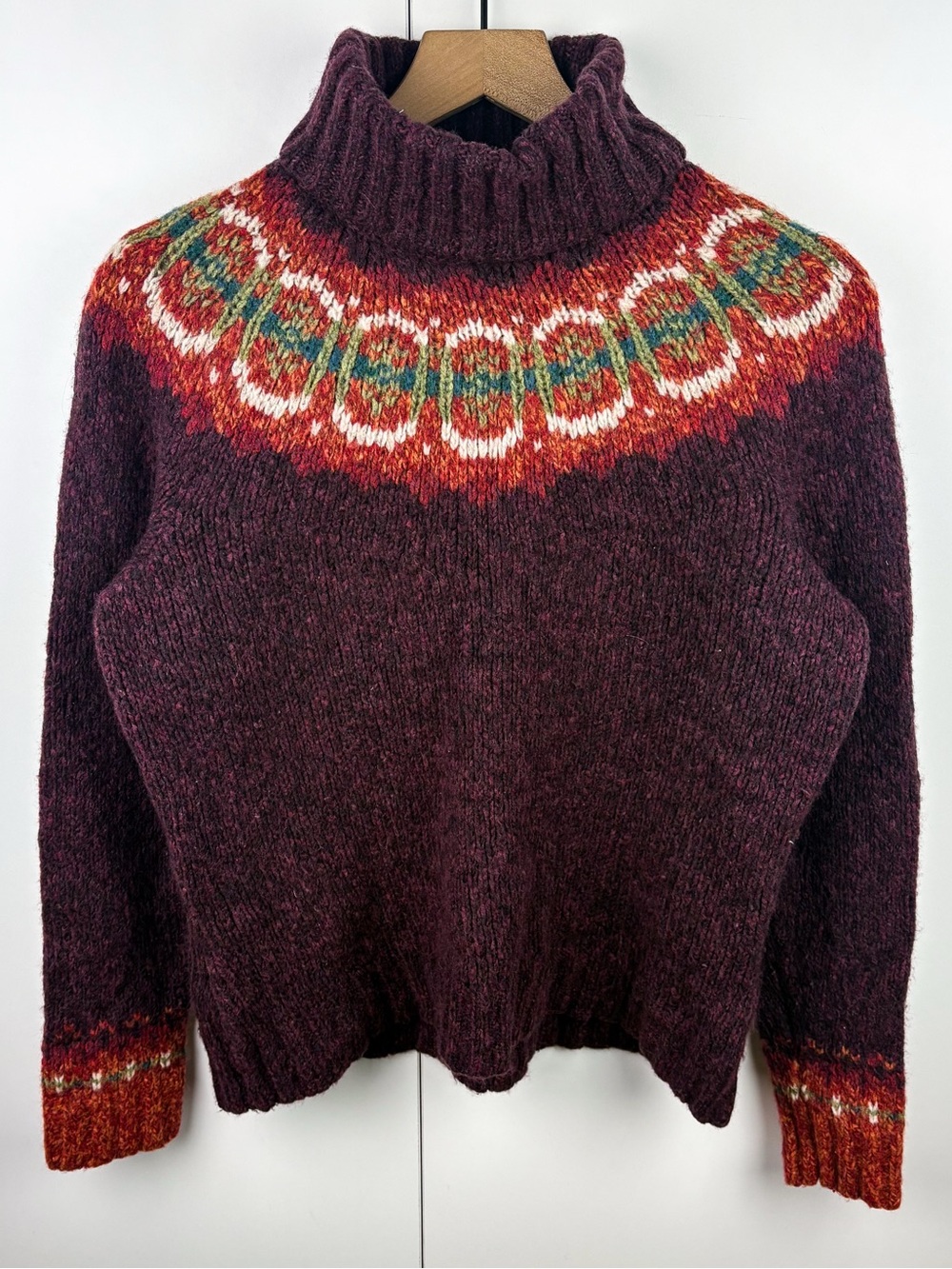 Vintage Fair Isle Merino Wool Blend Turtleneck Sweater Burgundy Maroon Nordic XL
